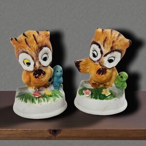 Vintage Napcoware Owl Figurine Pair Bisque Ceramic Taiwan Owls Cute Big Eyes MCM